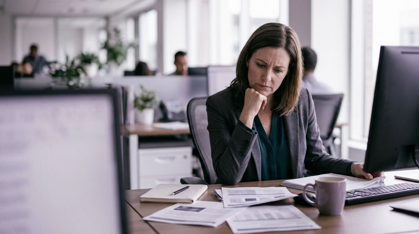 A health plan executive reviewing scattered printed reports at her desk in a modern office.